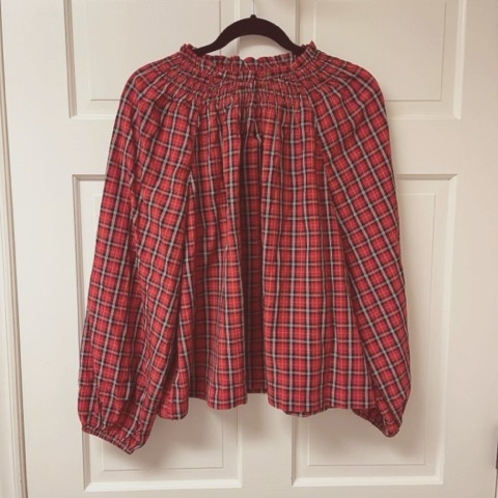 Old Navy Red Plaid Tartan Smocked Blouse - Size L - NWT